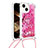 Silicone Candy Rubber TPU Bling-Bling Soft Case Cover with Lanyard Strap S03 for Apple iPhone 14 Plus Hot Pink