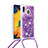 Silicone Candy Rubber TPU Bling-Bling Soft Case Cover with Lanyard Strap S03 for Samsung Galaxy A20 Purple