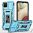 Silicone Matte Finish and Plastic Back Cover Case with Magnetic Finger Ring Stand MQ4 for Samsung Galaxy F12 Sky Blue