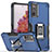 Silicone Matte Finish and Plastic Back Cover Case with Magnetic Finger Ring Stand QW1 for Samsung Galaxy S20 FE 4G Blue