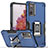 Silicone Matte Finish and Plastic Back Cover Case with Magnetic Finger Ring Stand QW1 for Samsung Galaxy S20 FE 5G Blue