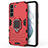 Silicone Matte Finish and Plastic Back Cover Case with Magnetic Finger Ring Stand S01 for Samsung Galaxy S23 5G Red