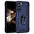 Silicone Matte Finish and Plastic Back Cover Case with Magnetic Finger Ring Stand T02 for Samsung Galaxy S24 Plus 5G Blue