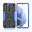 Silicone Matte Finish and Plastic Back Cover Case with Magnetic Finger Ring Stand T09 for Samsung Galaxy S21 FE 5G Blue