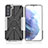 Silicone Matte Finish and Plastic Back Cover Case with Magnetic Finger Ring Stand T09 for Samsung Galaxy S21 FE 5G Gray