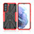 Silicone Matte Finish and Plastic Back Cover Case with Magnetic Finger Ring Stand T09 for Samsung Galaxy S21 FE 5G Red