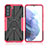 Silicone Matte Finish and Plastic Back Cover Case with Magnetic Finger Ring Stand T09 for Samsung Galaxy S22 5G Hot Pink