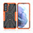 Silicone Matte Finish and Plastic Back Cover Case with Magnetic Finger Ring Stand T09 for Samsung Galaxy S23 5G Orange