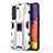 Silicone Matte Finish and Plastic Back Cover Case with Magnetic Stand for Samsung Galaxy S21 FE 5G White