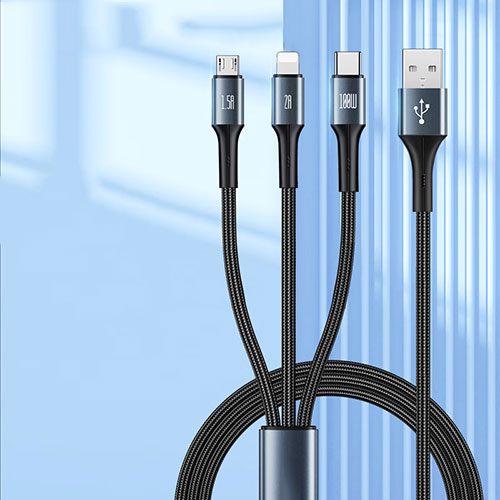 Charger Lightning USB Data Cable Charging Cord and Android Micro USB Type-C 100W H01 for Apple iPhone 15 Pro Black