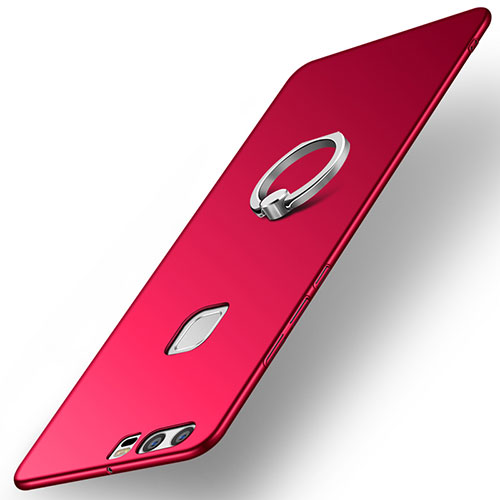 Hard Rigid Plastic Matte Finish Case Cover with Finger Ring Stand A01 for Huawei P9 Red