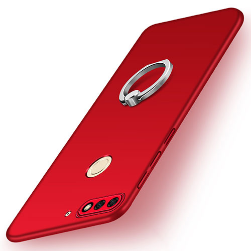 Hard Rigid Plastic Matte Finish Case Cover with Finger Ring Stand A02 for Huawei Honor 7C Red