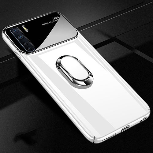 Hard Rigid Plastic Matte Finish Case Cover with Magnetic Finger Ring Stand A01 for Oppo A91 White