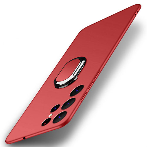 Hard Rigid Plastic Matte Finish Case Cover with Magnetic Finger Ring Stand A01 for Samsung Galaxy S22 Ultra 5G Red