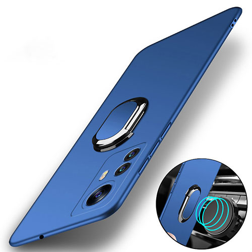 Hard Rigid Plastic Matte Finish Case Cover with Magnetic Finger Ring Stand A01 for Xiaomi Mi 12X 5G Blue