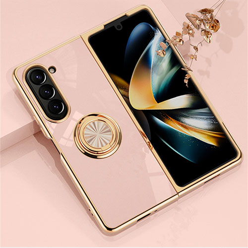 Hard Rigid Plastic Matte Finish Case Cover with Magnetic Finger Ring Stand AN1 for Samsung Galaxy Z Fold5 5G Rose Gold