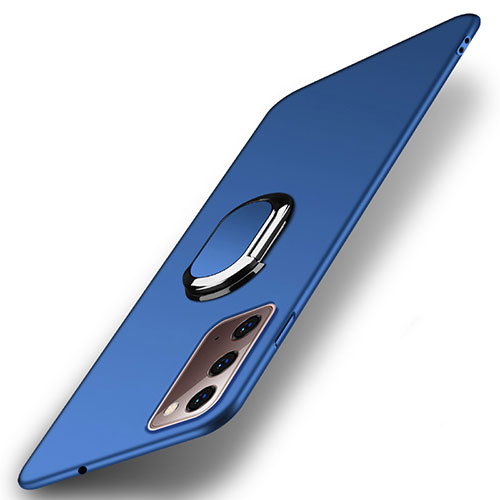 Hard Rigid Plastic Matte Finish Case Cover with Magnetic Finger Ring Stand P01 for Samsung Galaxy Note 20 5G Blue