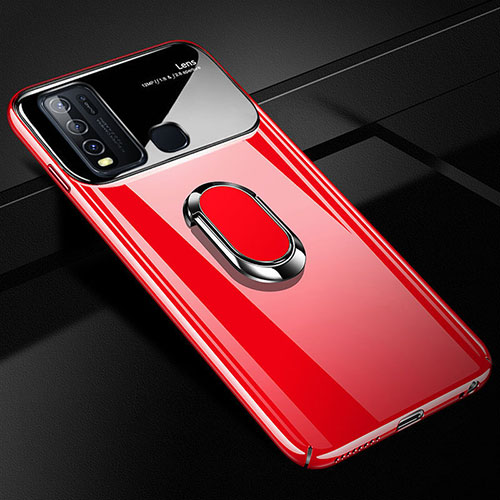 Hard Rigid Plastic Matte Finish Case Cover with Magnetic Finger Ring Stand P01 for Vivo Y50 Red