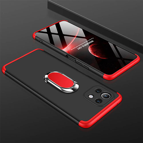 Hard Rigid Plastic Matte Finish Case Cover with Magnetic Finger Ring Stand P02 for Xiaomi Mi 11 Lite 4G Red and Black