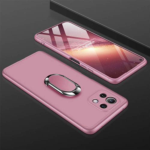 Hard Rigid Plastic Matte Finish Case Cover with Magnetic Finger Ring Stand P02 for Xiaomi Mi 11 Lite 4G Rose Gold