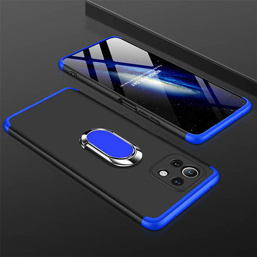 Hard Rigid Plastic Matte Finish Case Cover with Magnetic Finger Ring Stand P02 for Xiaomi Mi 11 Lite 5G Blue and Black