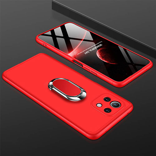 Hard Rigid Plastic Matte Finish Case Cover with Magnetic Finger Ring Stand P02 for Xiaomi Mi 11 Lite 5G Red