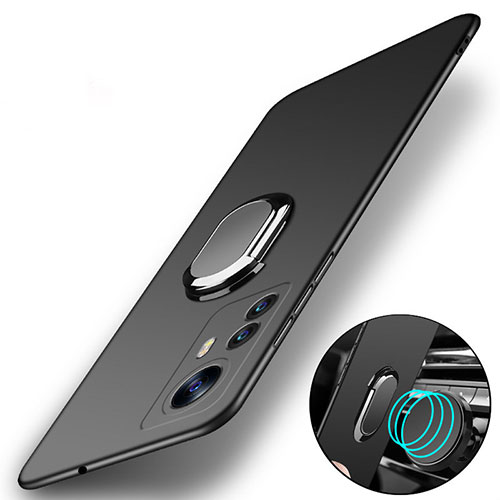 Hard Rigid Plastic Matte Finish Case Cover with Magnetic Finger Ring Stand S01 for Xiaomi Redmi Note 12S Black