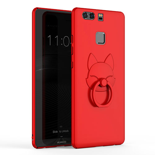 Hard Rigid Plastic Matte Finish Cover with Finger Ring Stand A03 for Huawei P9 Red