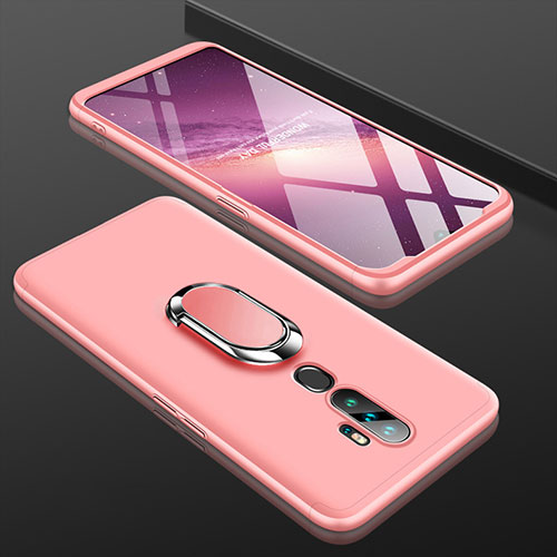 Hard Rigid Plastic Matte Finish Front and Back Cover Case 360 Degrees with Finger Ring Stand for Oppo A11 Rose Gold