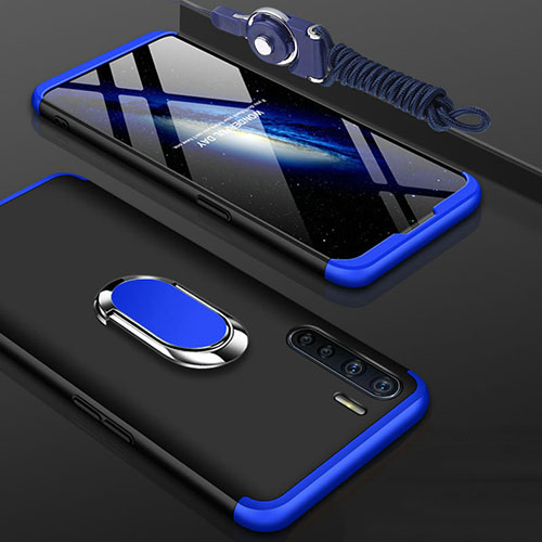 Hard Rigid Plastic Matte Finish Front and Back Cover Case 360 Degrees with Finger Ring Stand for Oppo A91 Blue and Black