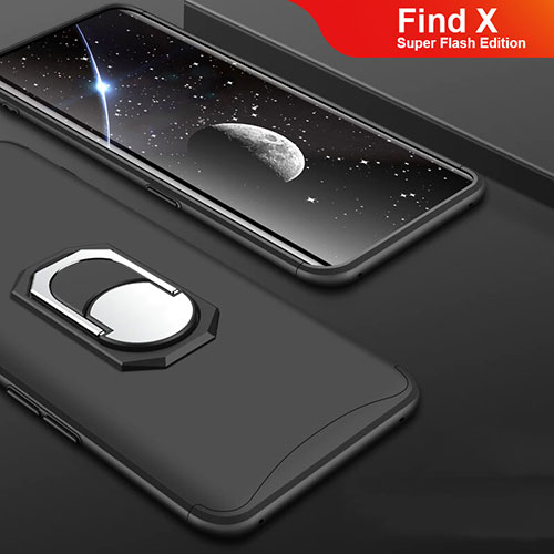 Hard Rigid Plastic Matte Finish Front and Back Cover Case 360 Degrees with Finger Ring Stand for Oppo Find X Super Flash Edition Black