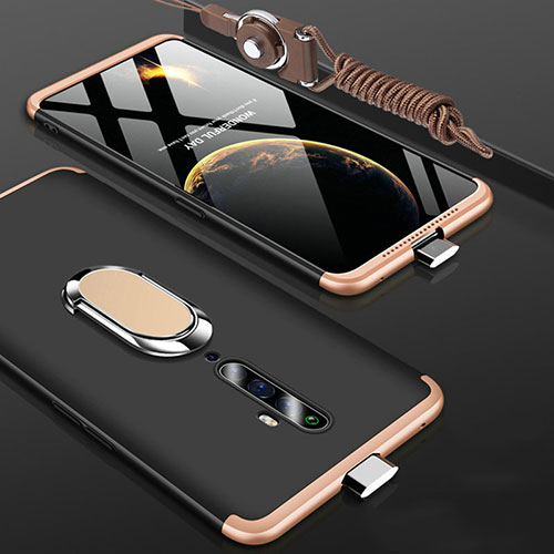 Hard Rigid Plastic Matte Finish Front and Back Cover Case 360 Degrees with Finger Ring Stand for Oppo Reno2 Z Gold and Black