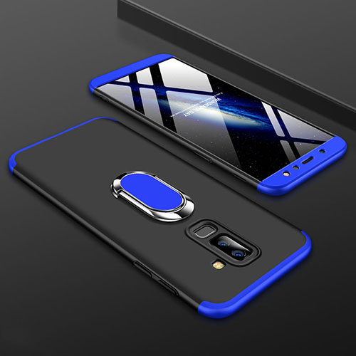 Hard Rigid Plastic Matte Finish Front and Back Cover Case 360 Degrees with Finger Ring Stand for Samsung Galaxy A6 Plus Blue and Black