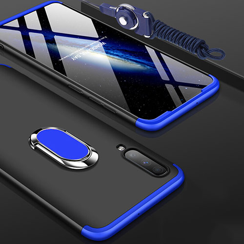 Hard Rigid Plastic Matte Finish Front and Back Cover Case 360 Degrees with Finger Ring Stand for Samsung Galaxy A90 5G Blue and Black