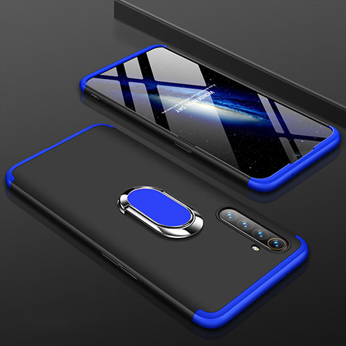 Hard Rigid Plastic Matte Finish Front and Back Cover Case 360 Degrees with Finger Ring Stand R01 for Oppo K5 Blue and Black