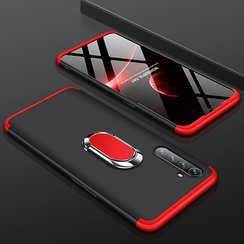 Hard Rigid Plastic Matte Finish Front and Back Cover Case 360 Degrees with Finger Ring Stand R01 for Oppo K5 Red and Black