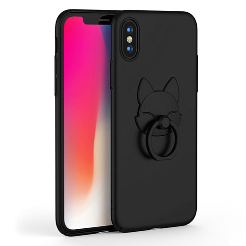 Hard Rigid Plastic Matte Finish Snap On Case with Finger Ring Stand C01 for Apple iPhone Xs Black