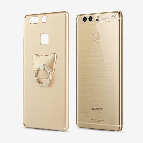 Hard Rigid Plastic Matte Finish Snap On Case with Finger Ring Stand for Huawei P9 Gold