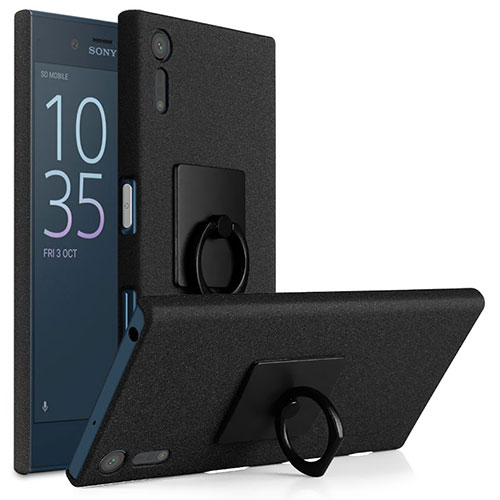 Hard Rigid Plastic Quicksand Cover with Finger Ring Stand for Sony Xperia XZs Black