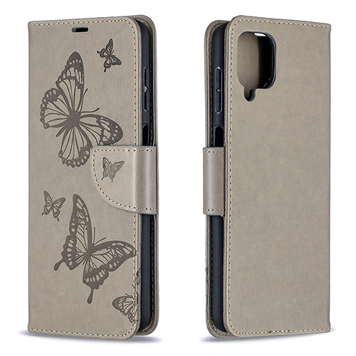 Leather Case Stands Butterfly Flip Cover Holder B01F for Samsung Galaxy A12 Gray