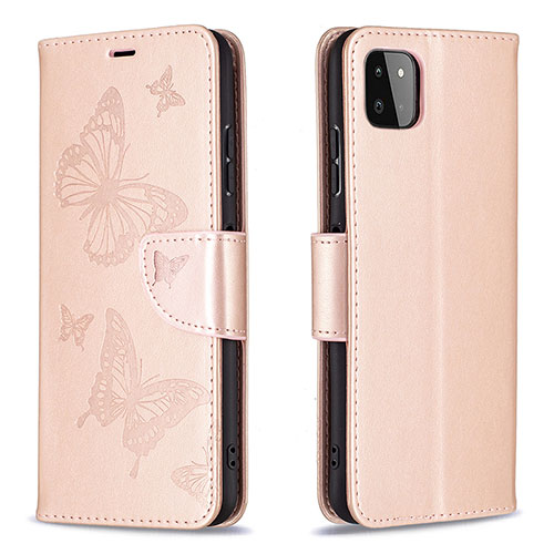 Leather Case Stands Butterfly Flip Cover Holder B01F for Samsung Galaxy A22 5G Rose Gold