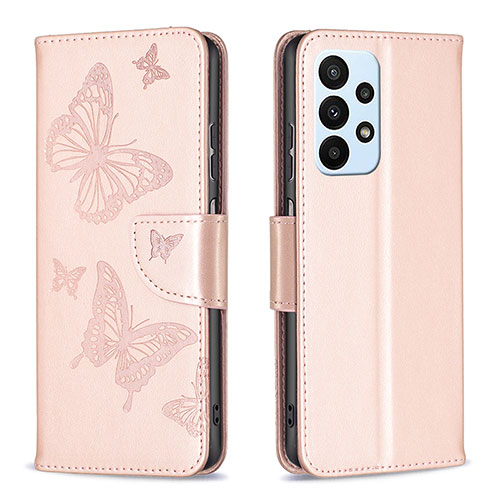 Leather Case Stands Butterfly Flip Cover Holder B01F for Samsung Galaxy A23 5G Rose Gold