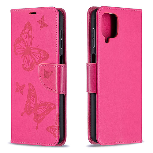 Leather Case Stands Butterfly Flip Cover Holder B01F for Samsung Galaxy F12 Hot Pink