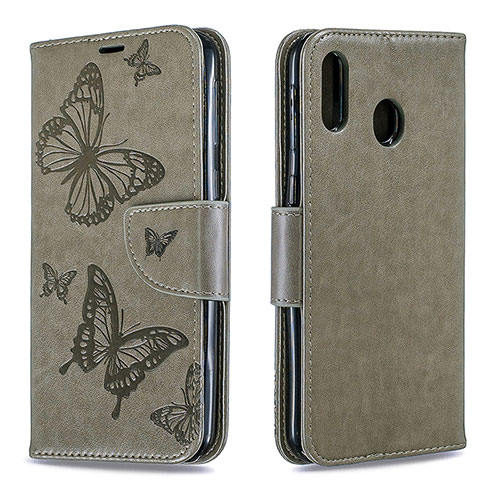 Leather Case Stands Butterfly Flip Cover Holder B01F for Samsung Galaxy M20 Gray