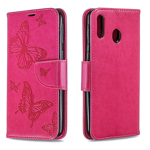 Leather Case Stands Butterfly Flip Cover Holder B01F for Samsung Galaxy M20 Hot Pink