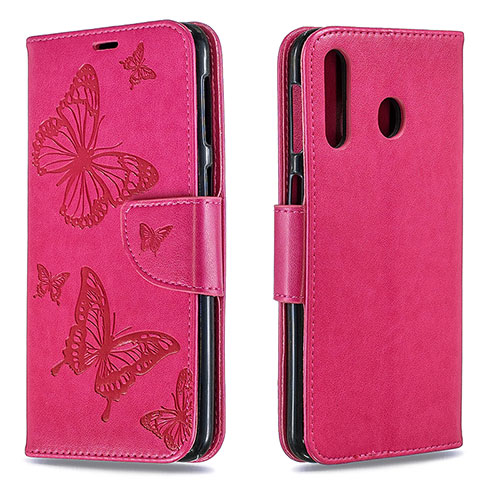 Leather Case Stands Butterfly Flip Cover Holder B01F for Samsung Galaxy M30 Hot Pink