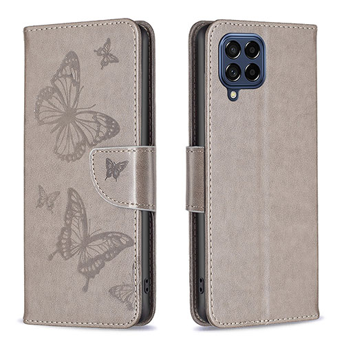 Leather Case Stands Butterfly Flip Cover Holder B01F for Samsung Galaxy M53 5G Gray