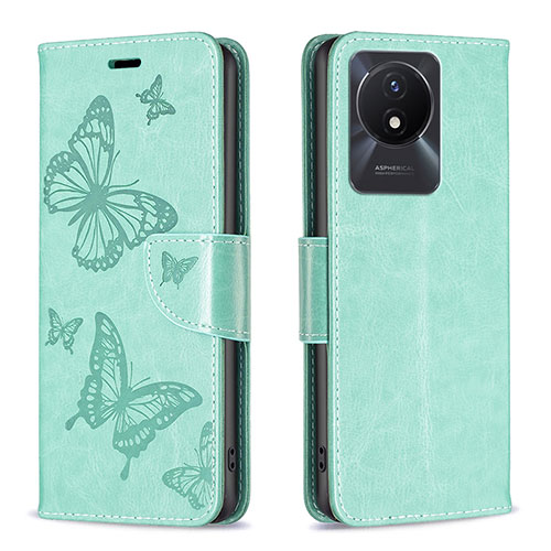 Leather Case Stands Butterfly Flip Cover Holder B01F for Vivo Y11 (2023) Green