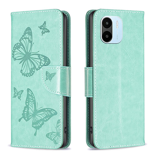 Leather Case Stands Butterfly Flip Cover Holder B01F for Xiaomi Poco C50 Green