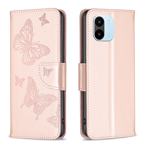 Leather Case Stands Butterfly Flip Cover Holder B01F for Xiaomi Poco C50 Rose Gold